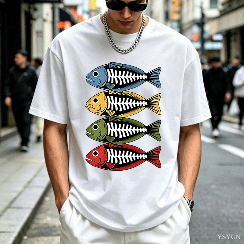 Street Fashion For Short Guys - Erkek Pamuklu Tişört, Retro Renklerde Balık